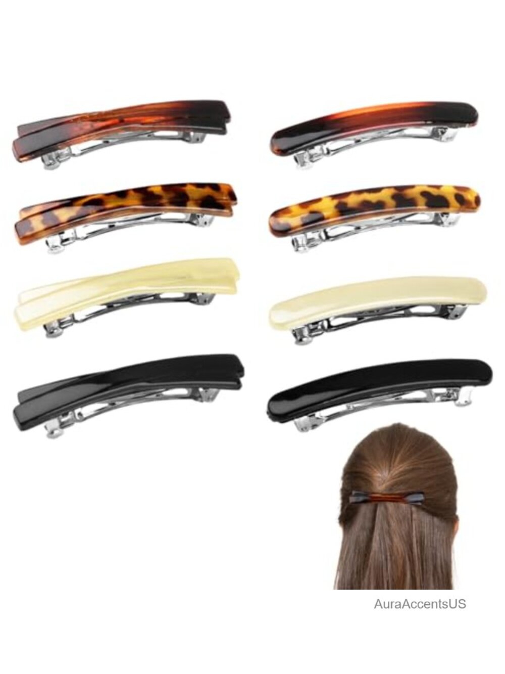 8 Pcs French Barrette Hair Clips for Women Tortoise Shell Metal Spring Plastic